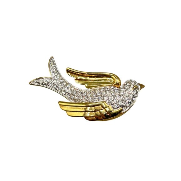 Vintage Nolan Miller Rhinestone Bird Brooch Dove Of Peace Clear Crystals Over Go - Picture 1 of 9